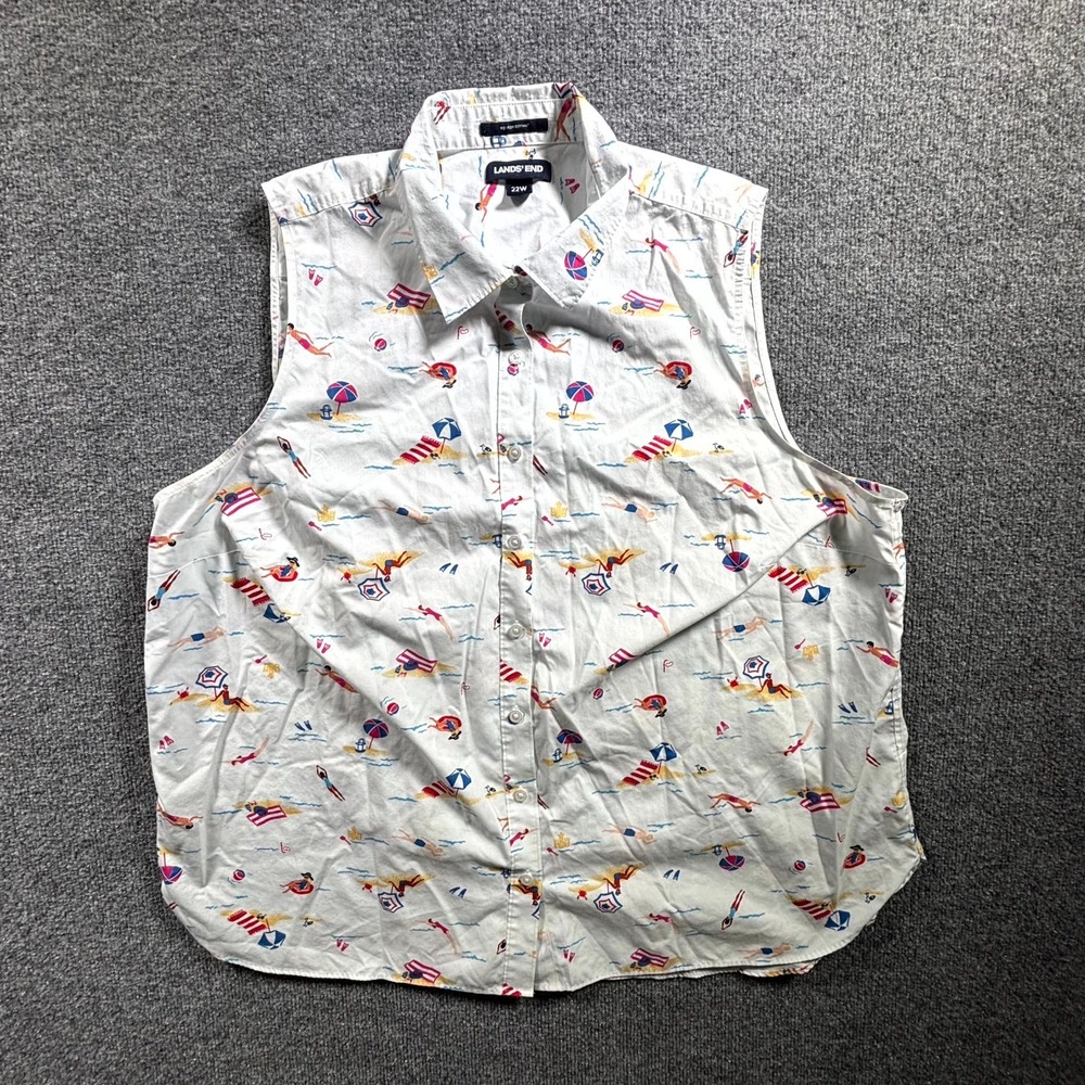 Lands' End Blouse Women's 22W White Beach Print No Iron Button Front Sleeveless